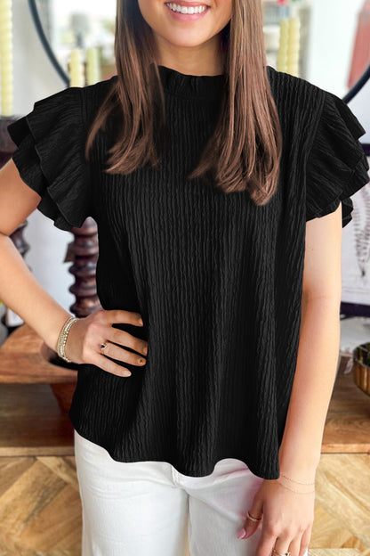 Solid Color Textured Ruffle Trim Short Sleeve Blouse