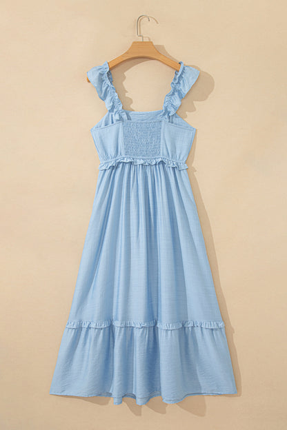 Solid Color Ruffle Trim High Waist Sleeveless Maxi Dress