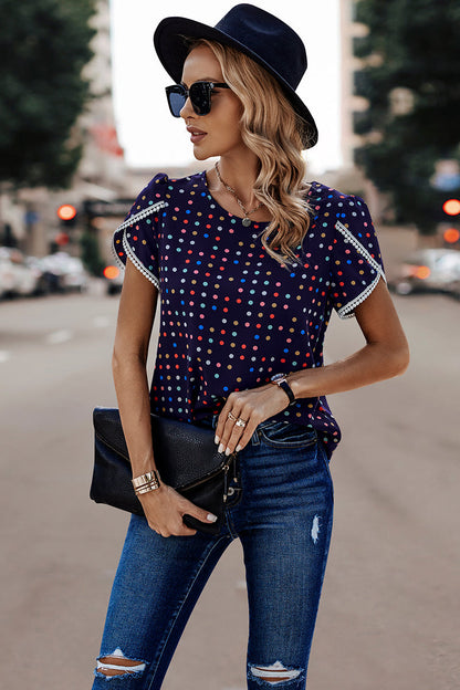 Lace Sleeves Color Polka Dot Scoop Neck Blouse