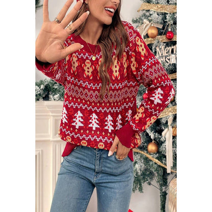 Knit Christmas Print Round Neck Loose Fit Sweater