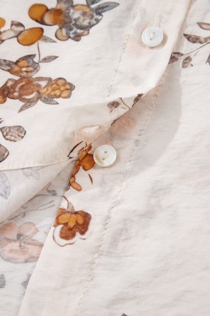 Apricot Floral Printed Silky Button Up Long Sleeve Shirt