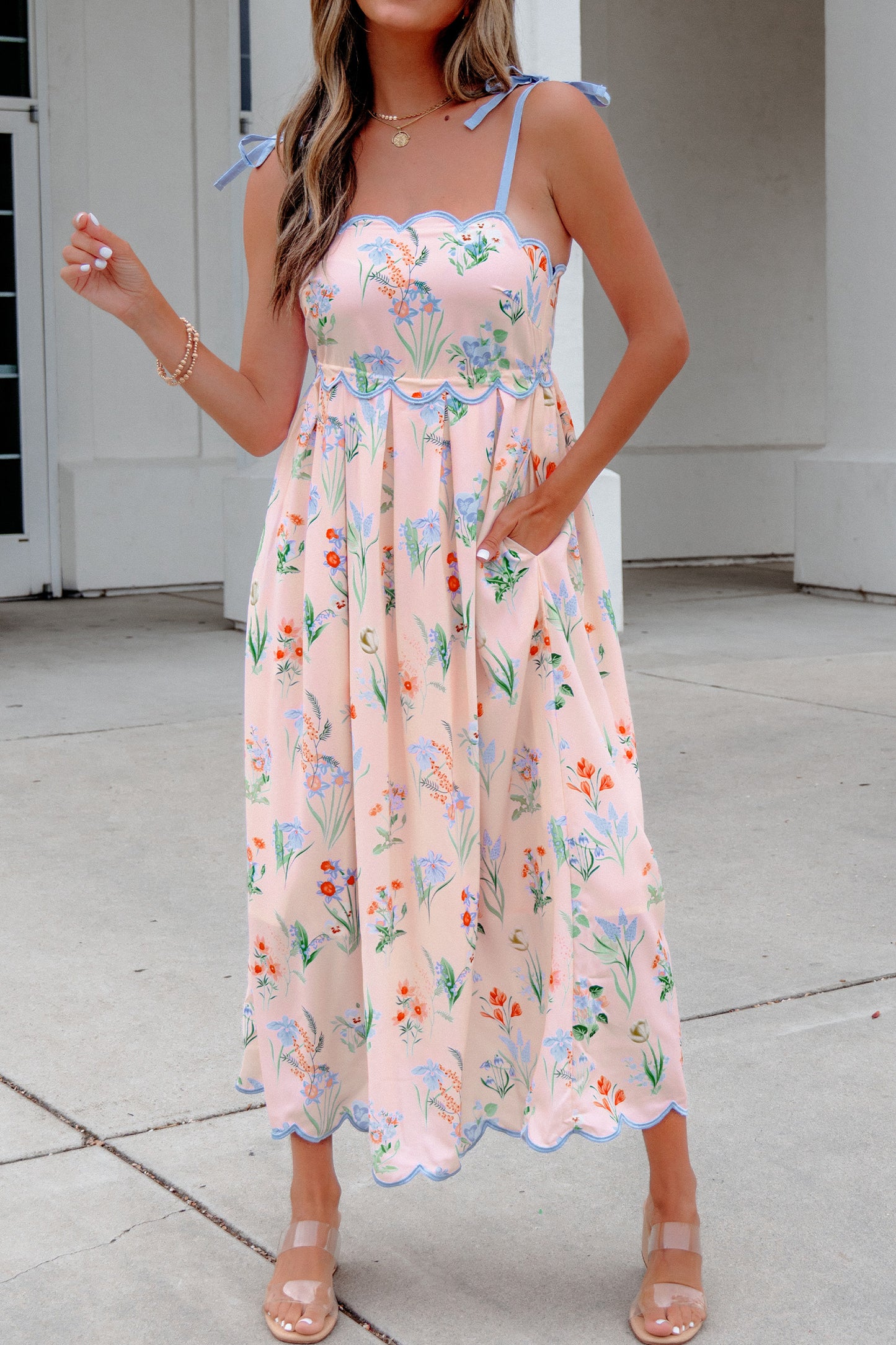 Floral Print Contrast Trim Self-tie Straps High Waist Midi Dress