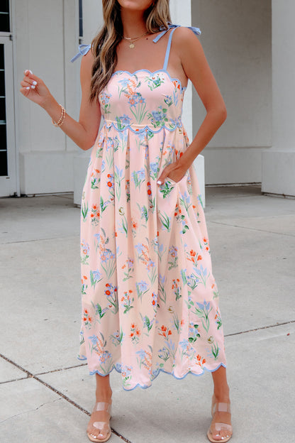 Floral Print Contrast Trim Self-tie Straps High Waist Midi Dress