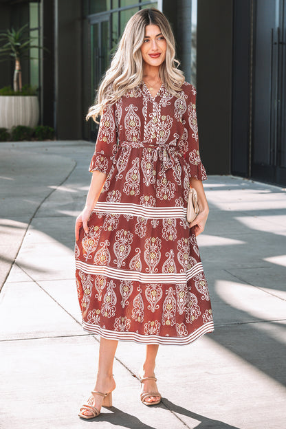 Brown Floral Print Belted Striped Trim Tiered Maxi Dress