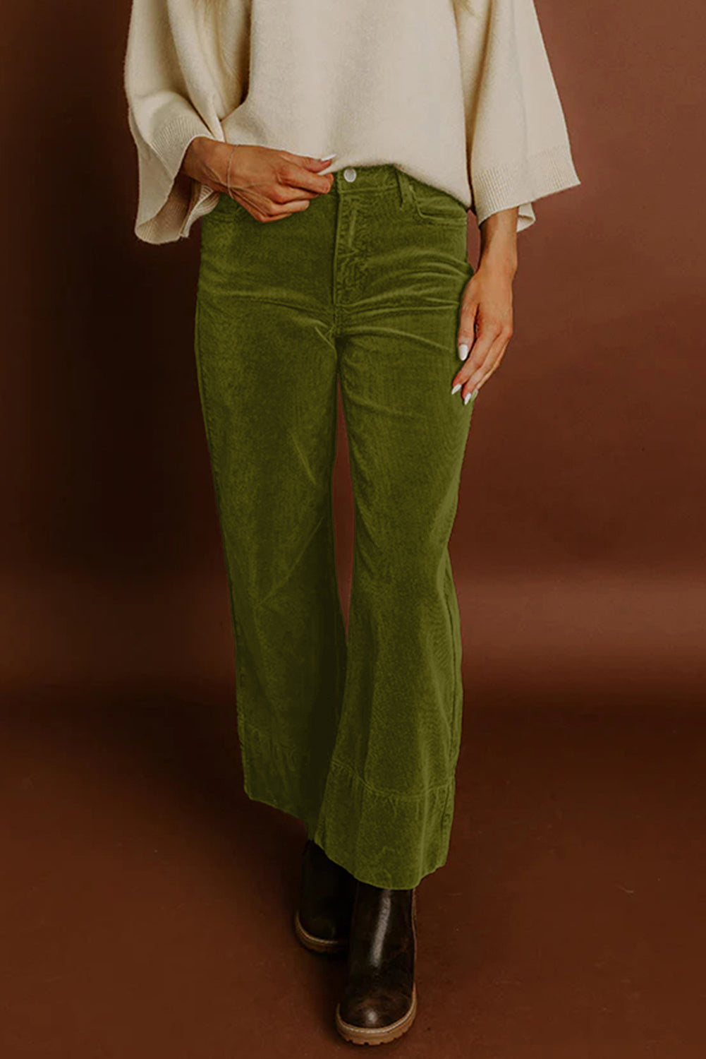Burgundy Corduroy Solid Color High Waist Wide Leg Pants