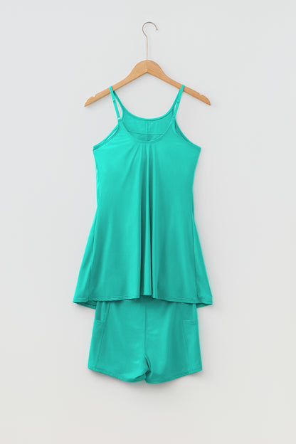 Solid Color Tunic Tank Dress Athletic Shorts Two Piece Set