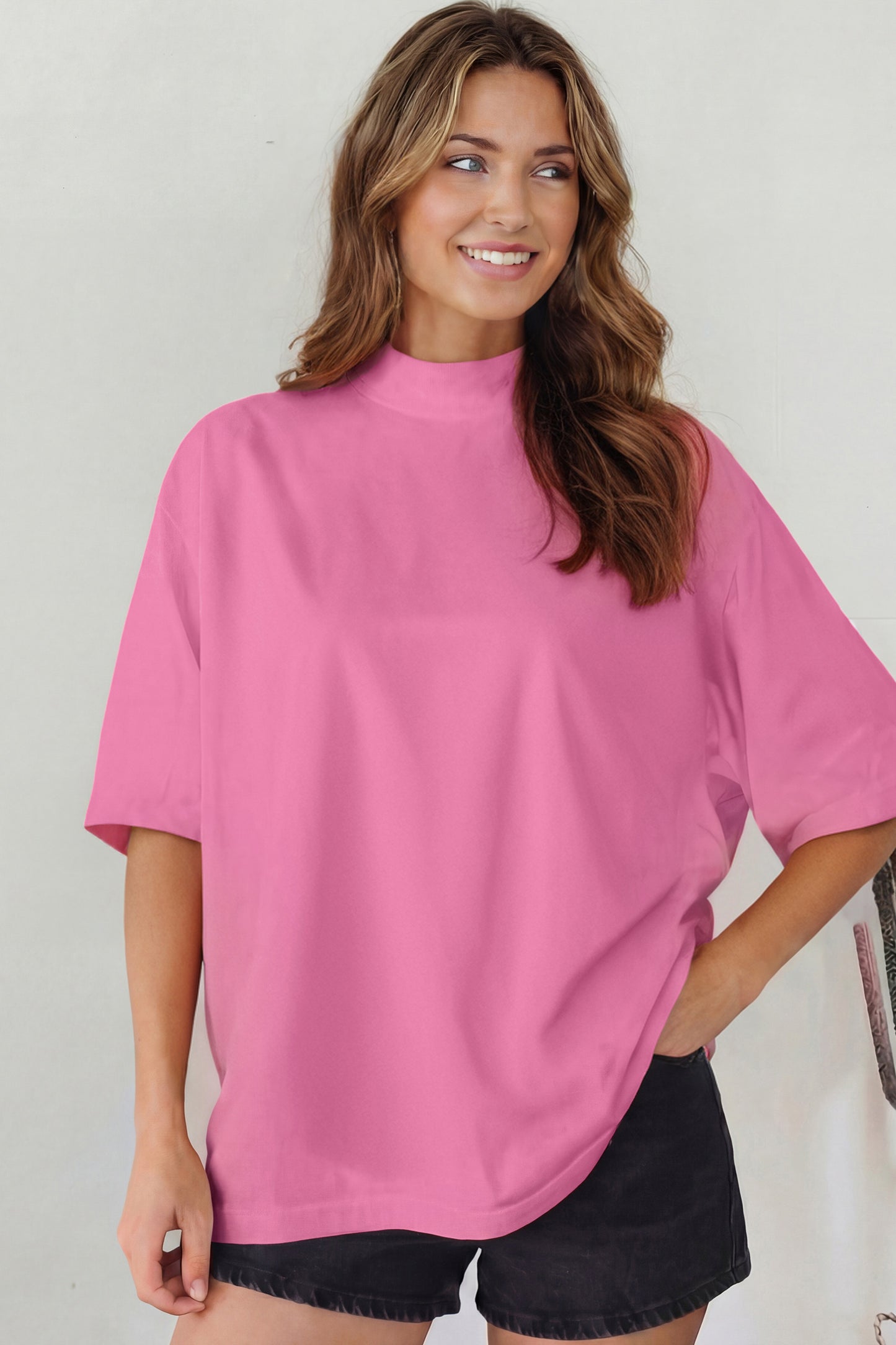 Pink Solid Color High Neck Oversize Tee