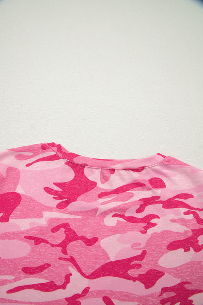 Pink Camouflage Print Crew Neck T Shirt