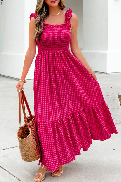 Plaid Square Neck Fit-and-flared Vacation Sundress