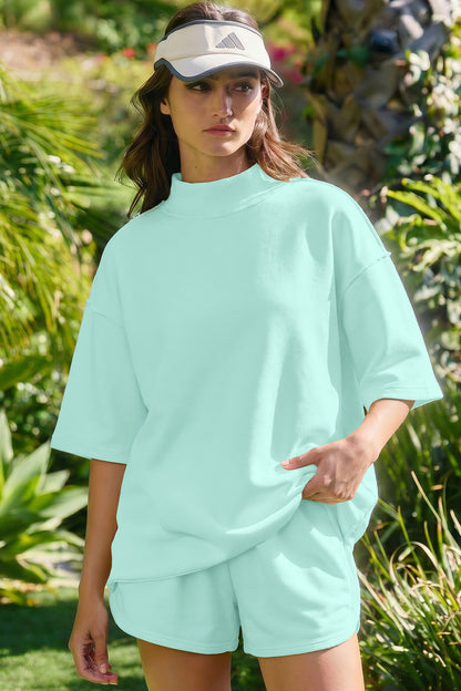 Solid Color Exposed Seam Mock Neck Oversize Tee Casual Shorts 2pcs Outfit