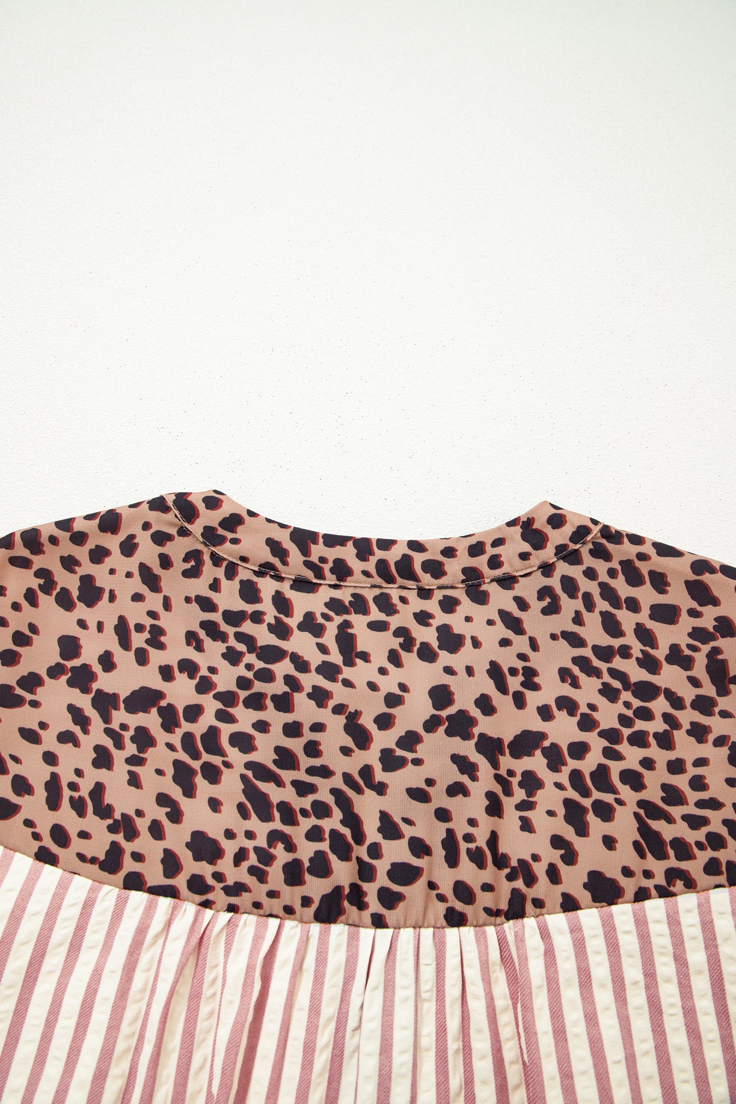 Stripe Square Button Leopard Trim Loose Bracelet Sleeve Shirt Dress
