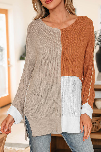 Chestnut Color Block Knit V Neck Loose Sweater