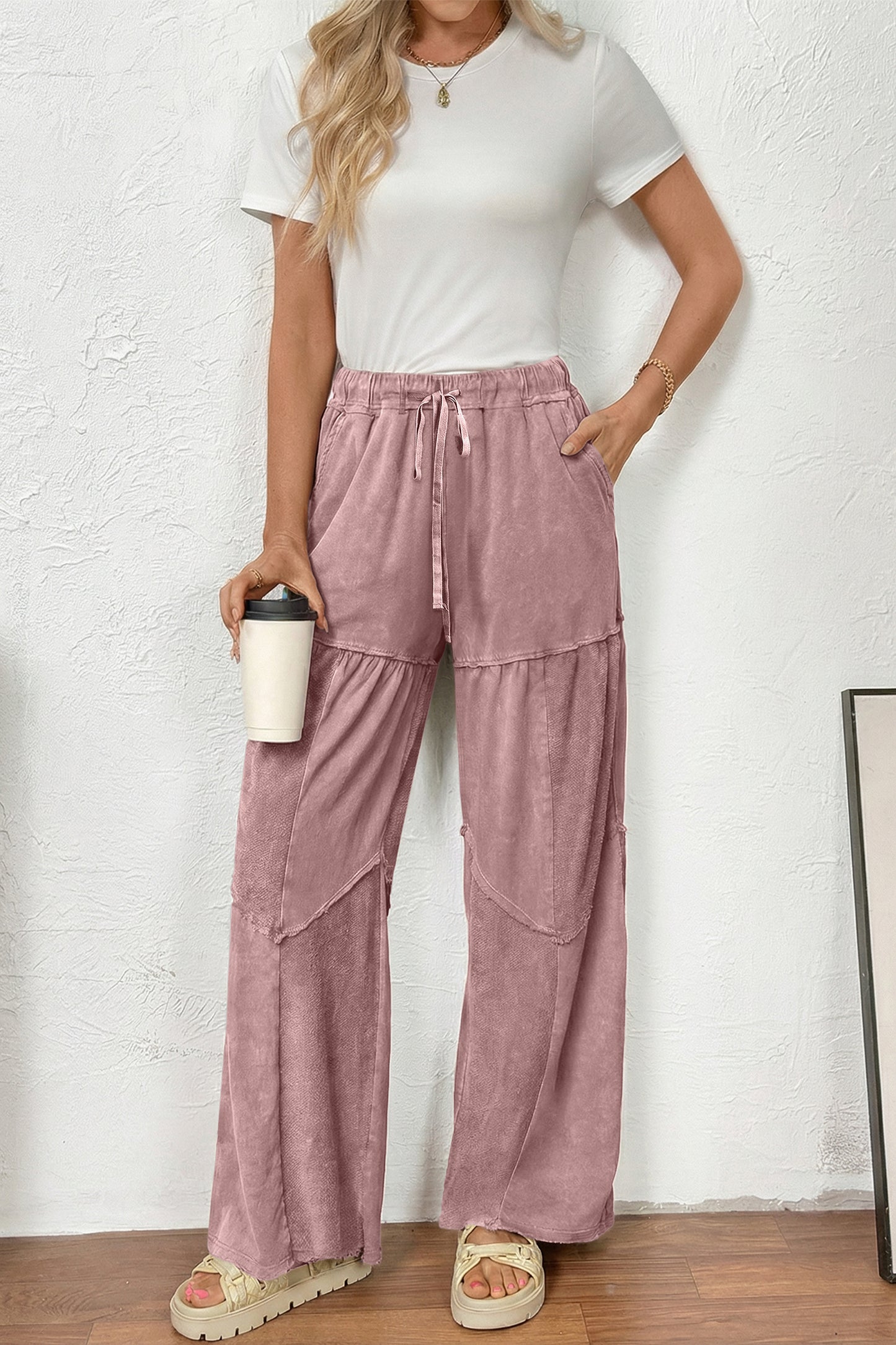 Wild Ginger Careys Mineral Wash Tiered Wide Leg Patchwork Drawstring Pants