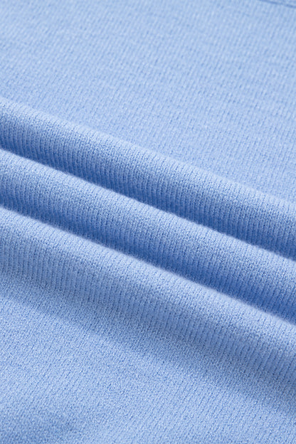 Beau Blue Solid Color Ribbed Trim Round Neck Ruffle Short Sleeve Sweater