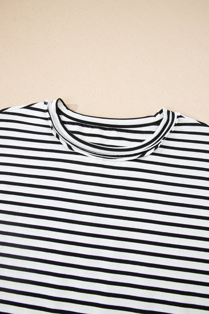 Black Stripe Floral Puff Sleeve Patchwork Round Neck Loose Top