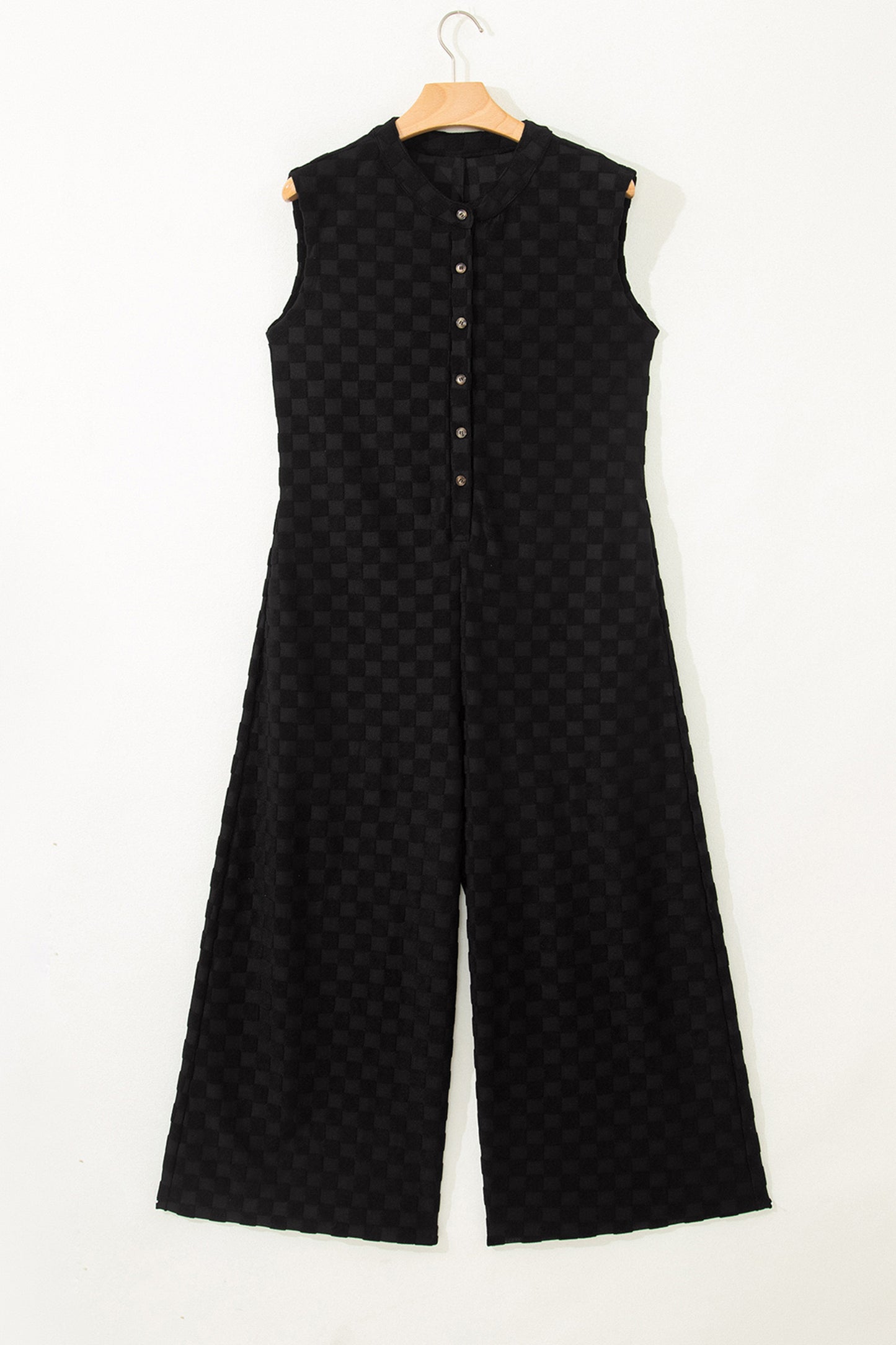 Half Buttons Sleeveless Wide Leg Textured Jumpsuit