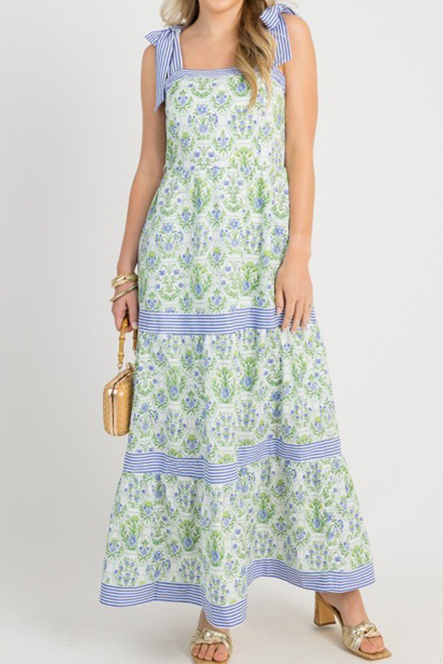 Geometric Floral Print Striped Patchwork Detail Sleeveless Dress