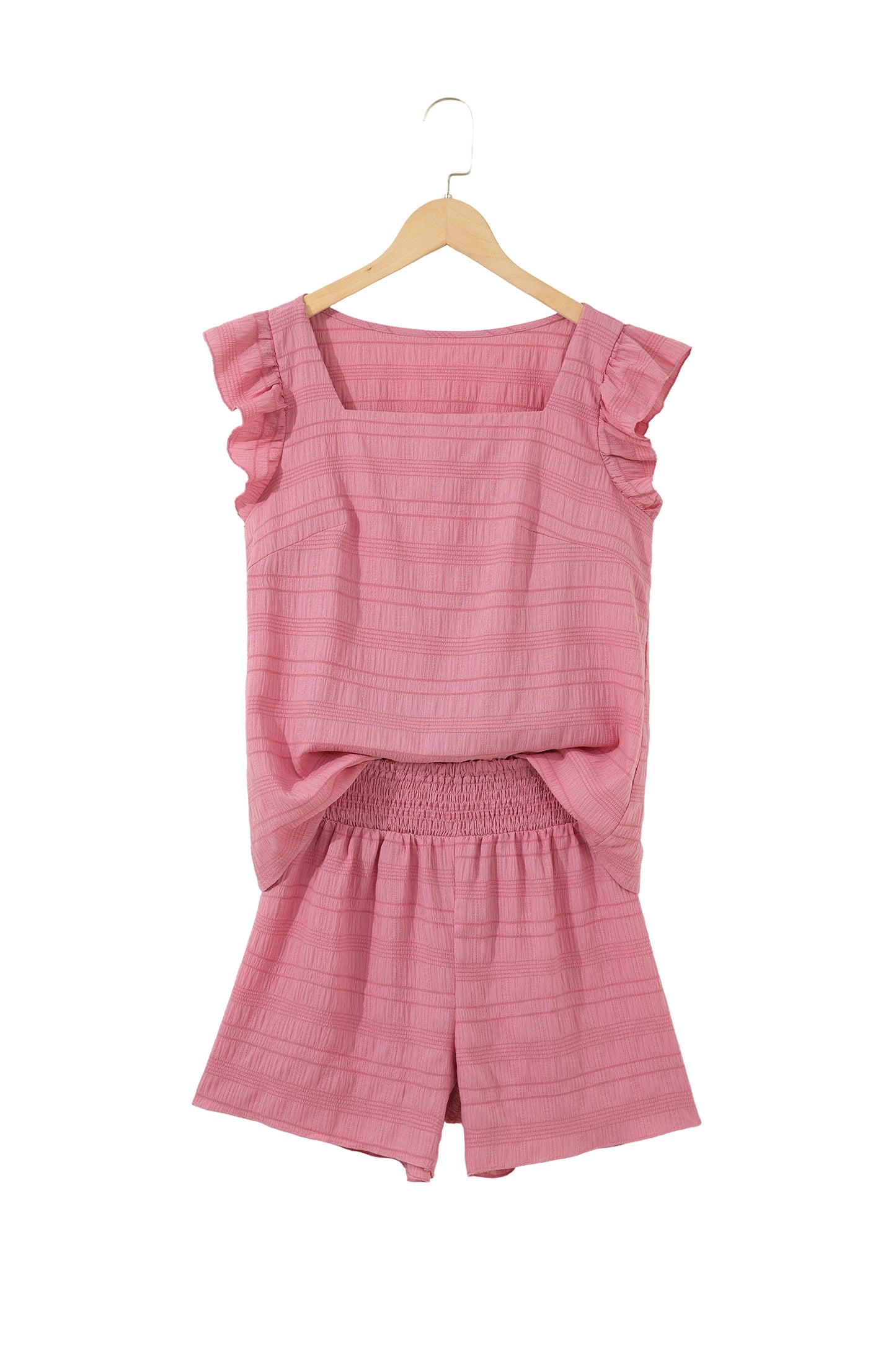 Textured Square Neck Top and Shirred High Waist Shorts Set