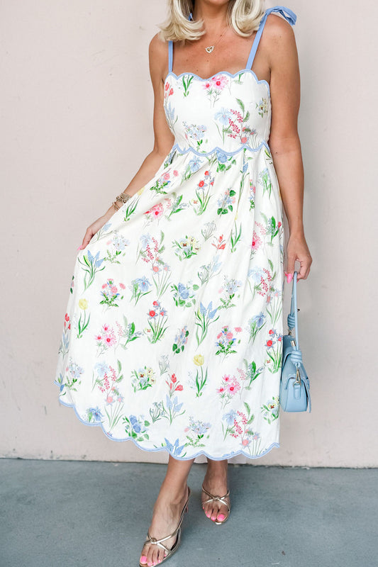 Floral Print Contrast Trim Self-tie Straps High Waist Midi Dress