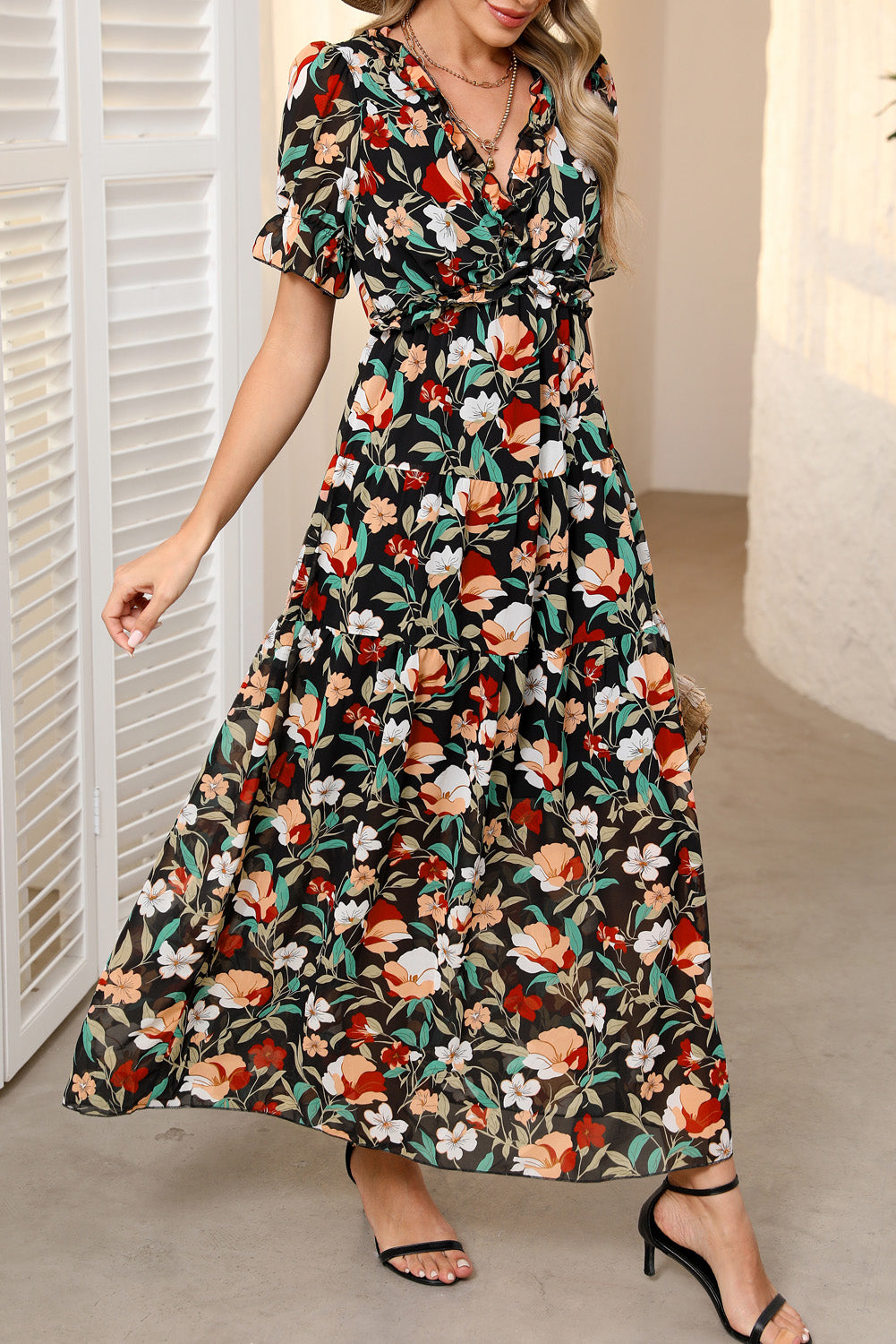 Black Fiery Floral Print Frilled V Neck Short Sleeve Maxi Dress