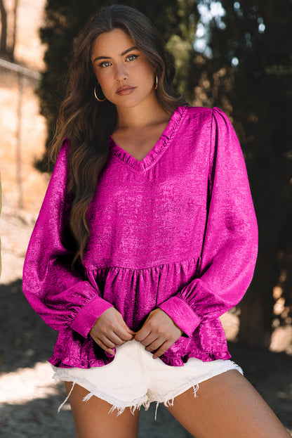 Black Metallic Frilled V Neck Puff Sleeve Babydoll Blouse
