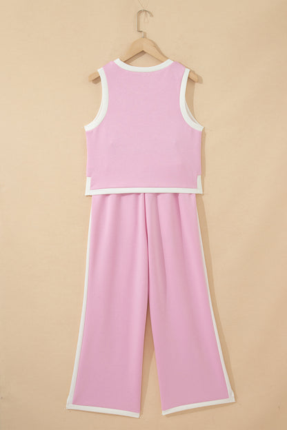Colorblock Trim Cropped Tank Elastic Waist Shift Pants 2pcs Set