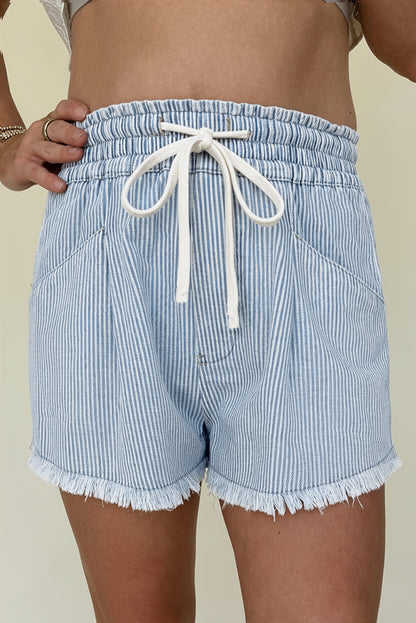 Raw Edge Drawstring Elastic Waist Casual Denim Shorts
