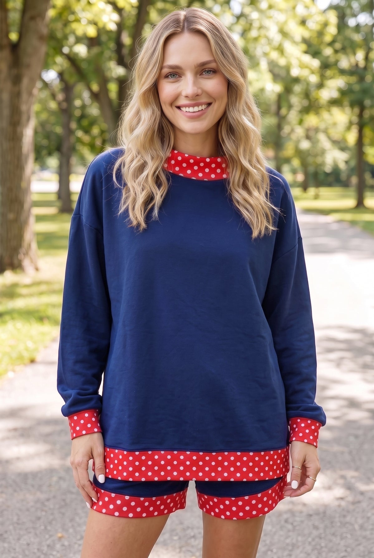 Polka Dot Trim Baggy Pullover 2pcs Short Set