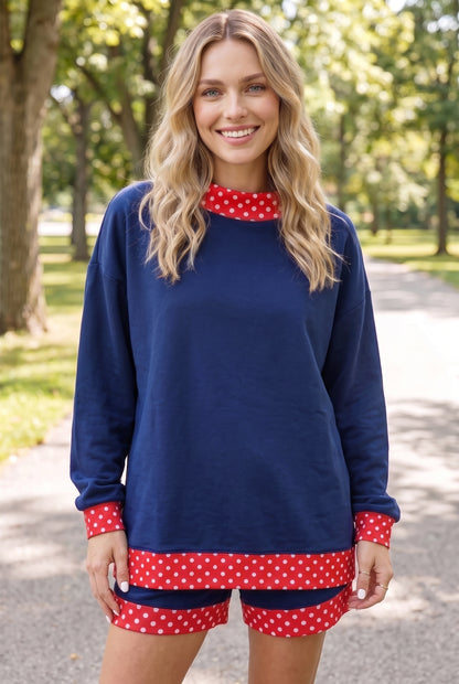 Polka Dot Trim Baggy Pullover 2pcs Short Set