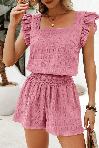Textured Square Neck Top and Shirred High Waist Shorts Set