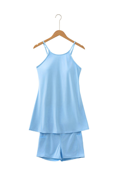 Solid Color Tunic Tank Dress Athletic Shorts Two Piece Set