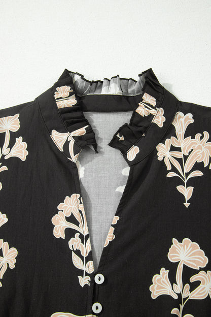 Frilled V Neck Puff Short Sleeve Floral Mini Dress