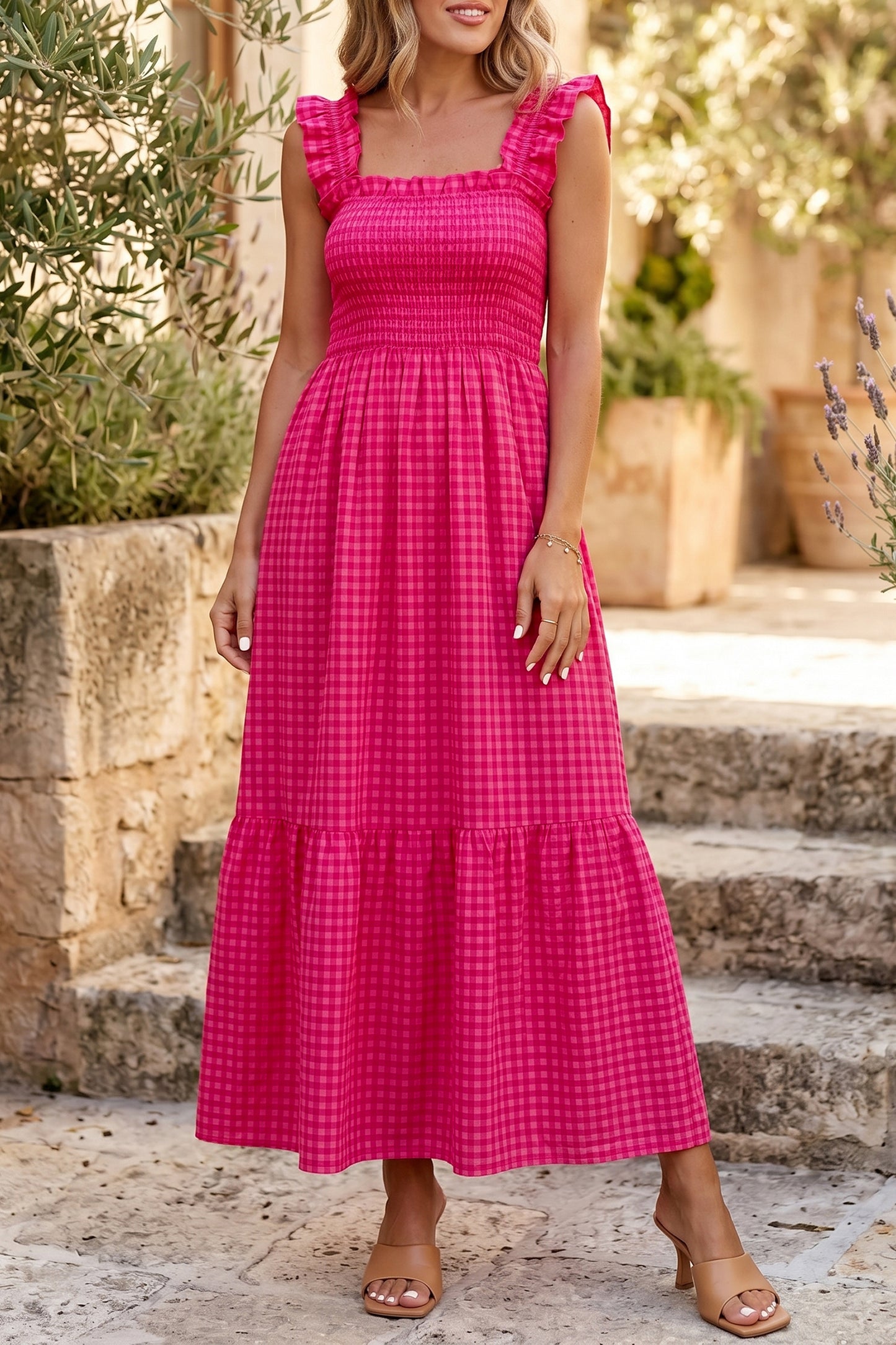 Plaid Square Neck Fit-and-flared Vacation Sundress