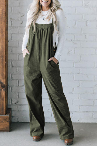 Button Adjustable Straps Solid Color Corduroy Jumpsuit