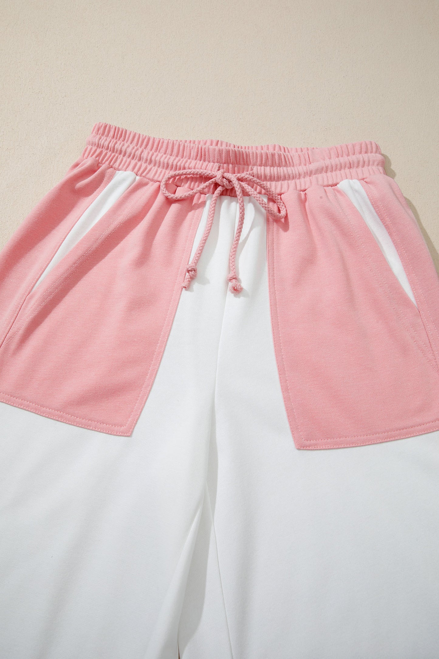 White Two-tone Color Block Patchwork Tee Drawstring Loose Pant Set