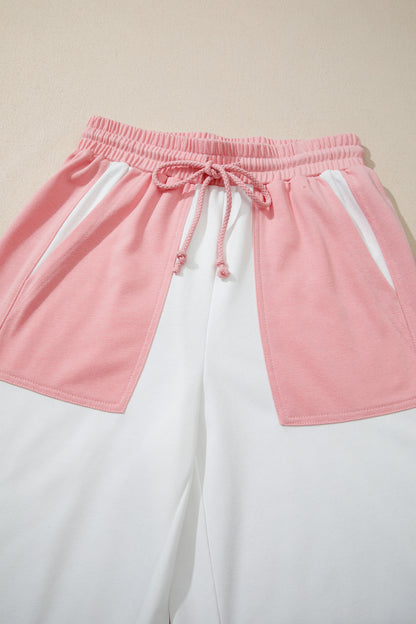 White Two-tone Color Block Patchwork Tee Drawstring Loose Pant Set