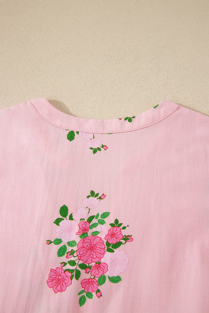 Notched Neck Flutter Short Sleeve Floral Print Maxi Dress