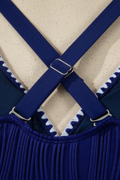 Shell Stitched Trim V Neck Textured Mix and Match High Waist Bikinis