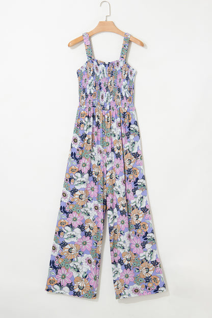 Purple Floral Print Smocked High Waist Square Neck Jumpsuit