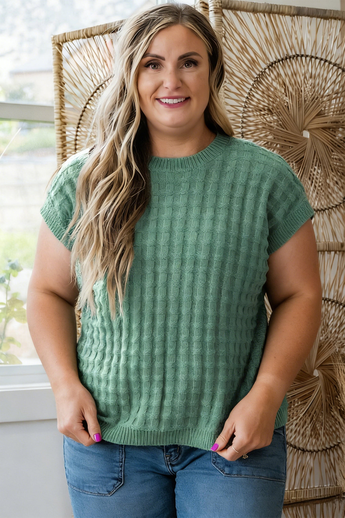 Mist Green Plus Size Solid Color Textured Knit Short Sleeve Sweater