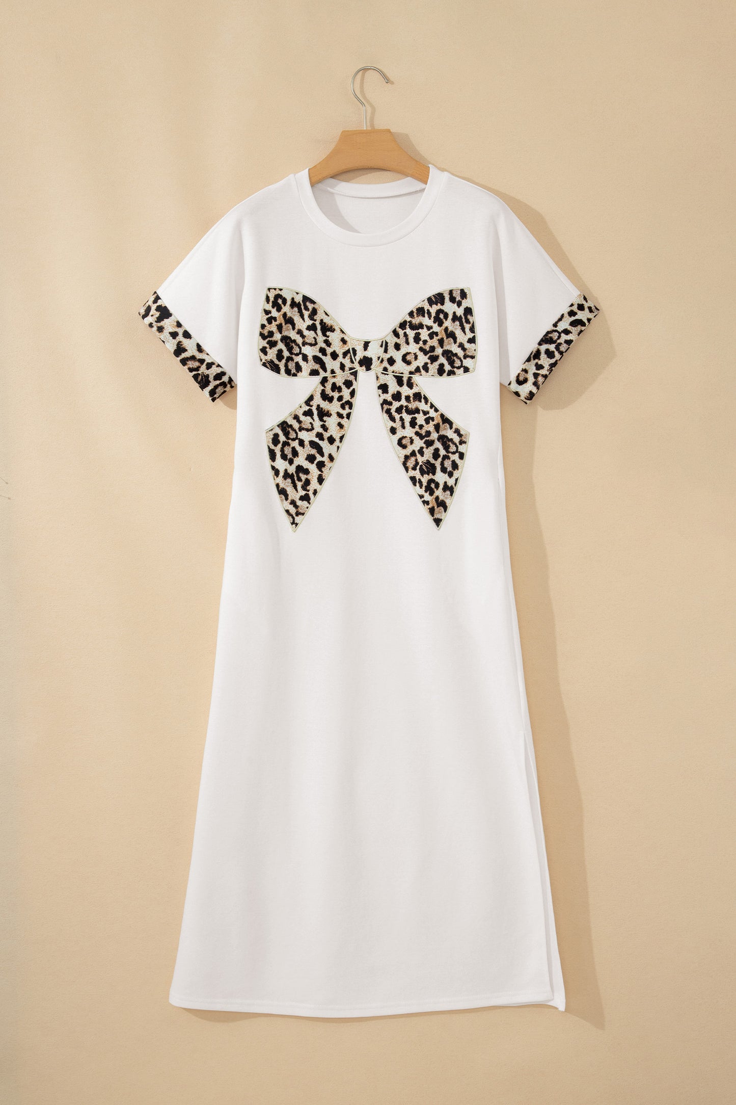 Contrast Leopard Bow Patched Short Sleeve T Shirt Long Dress