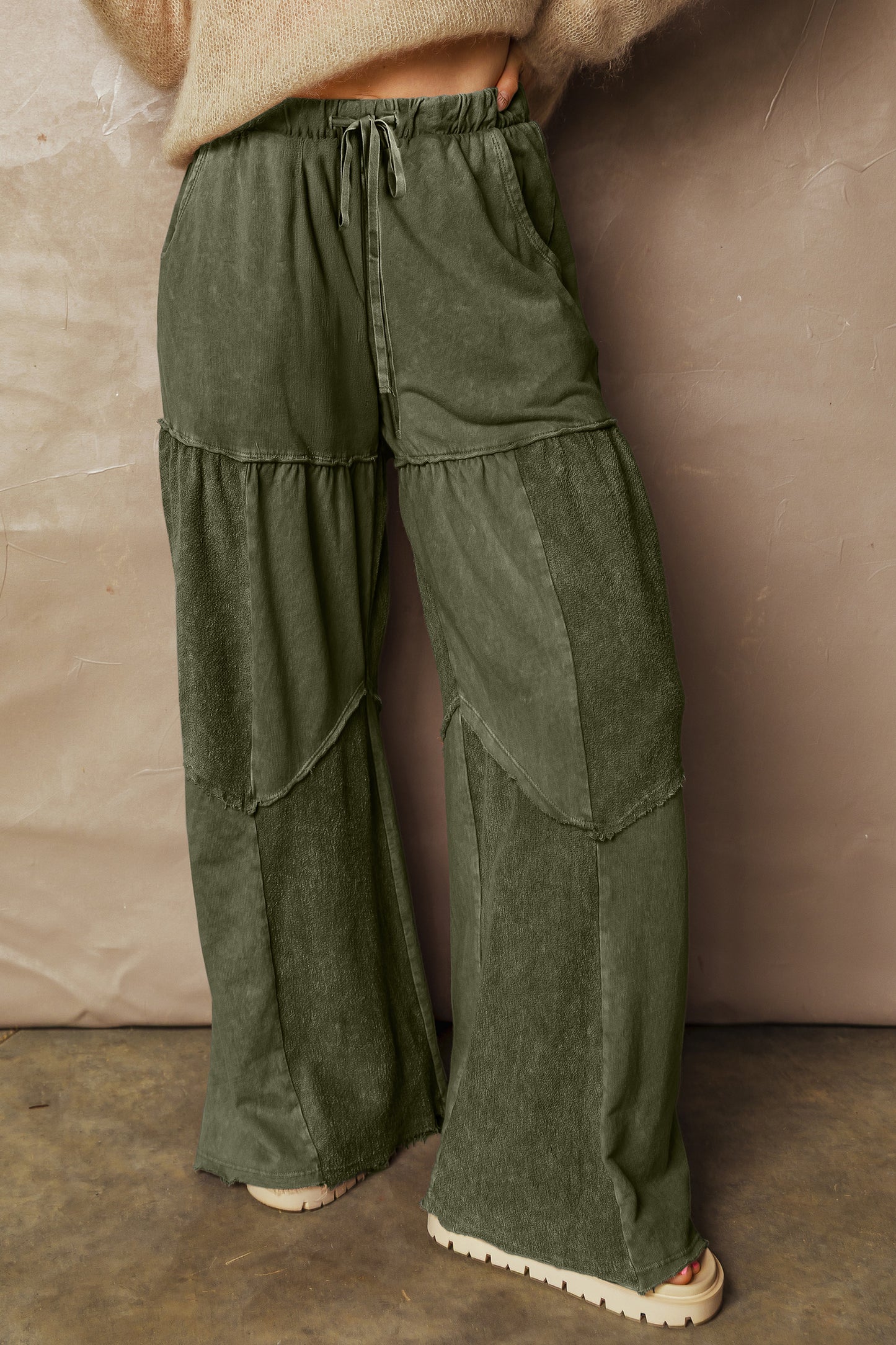 Wild Ginger Careys Mineral Wash Tiered Wide Leg Patchwork Drawstring Pants