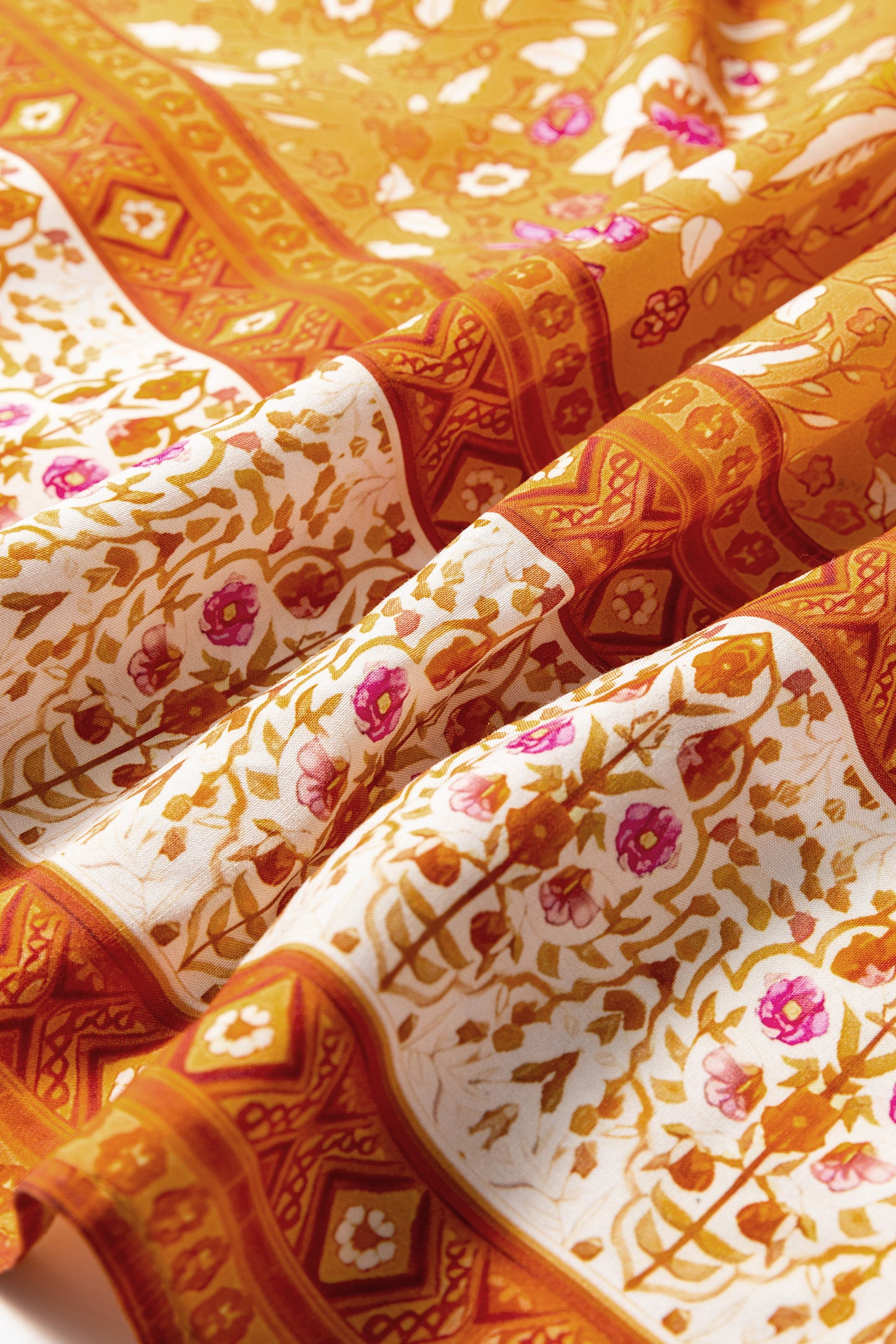 Orange Floral Print Smocked Waist Long Sleeve Boho Maxi Dress