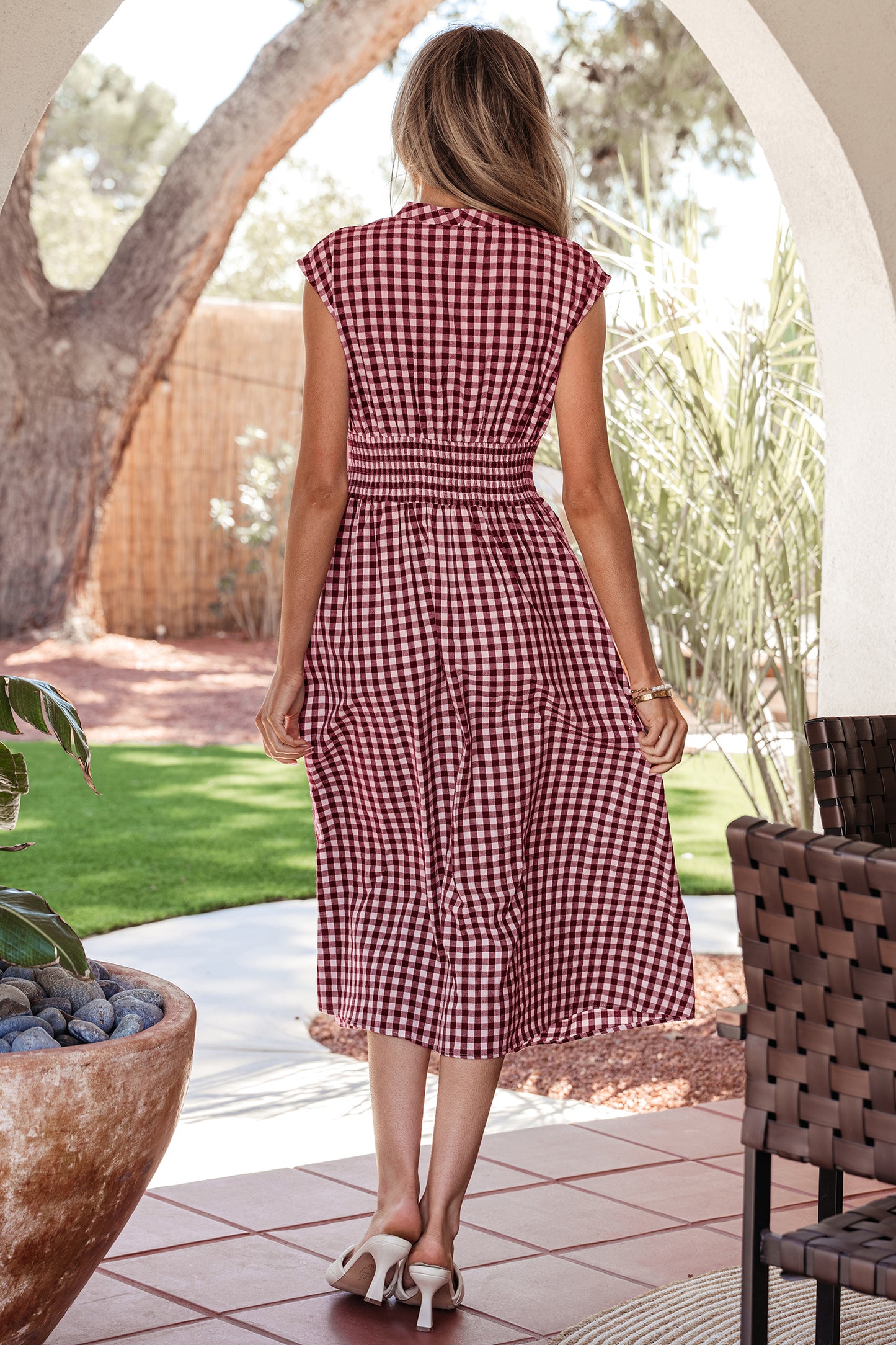 Plaid Print Full Zipper Cinched Waist Fit Flare Sleeveless Maxi Dress