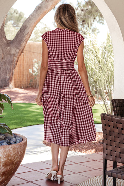 Plaid Print Full Zipper Cinched Waist Fit Flare Sleeveless Maxi Dress
