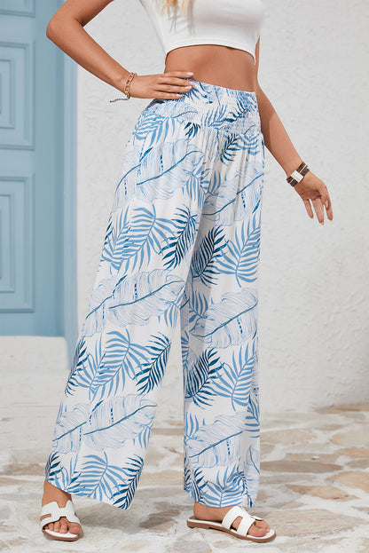 Sky Blue Botanic Print Shirred Waistband Wide Leg Pants