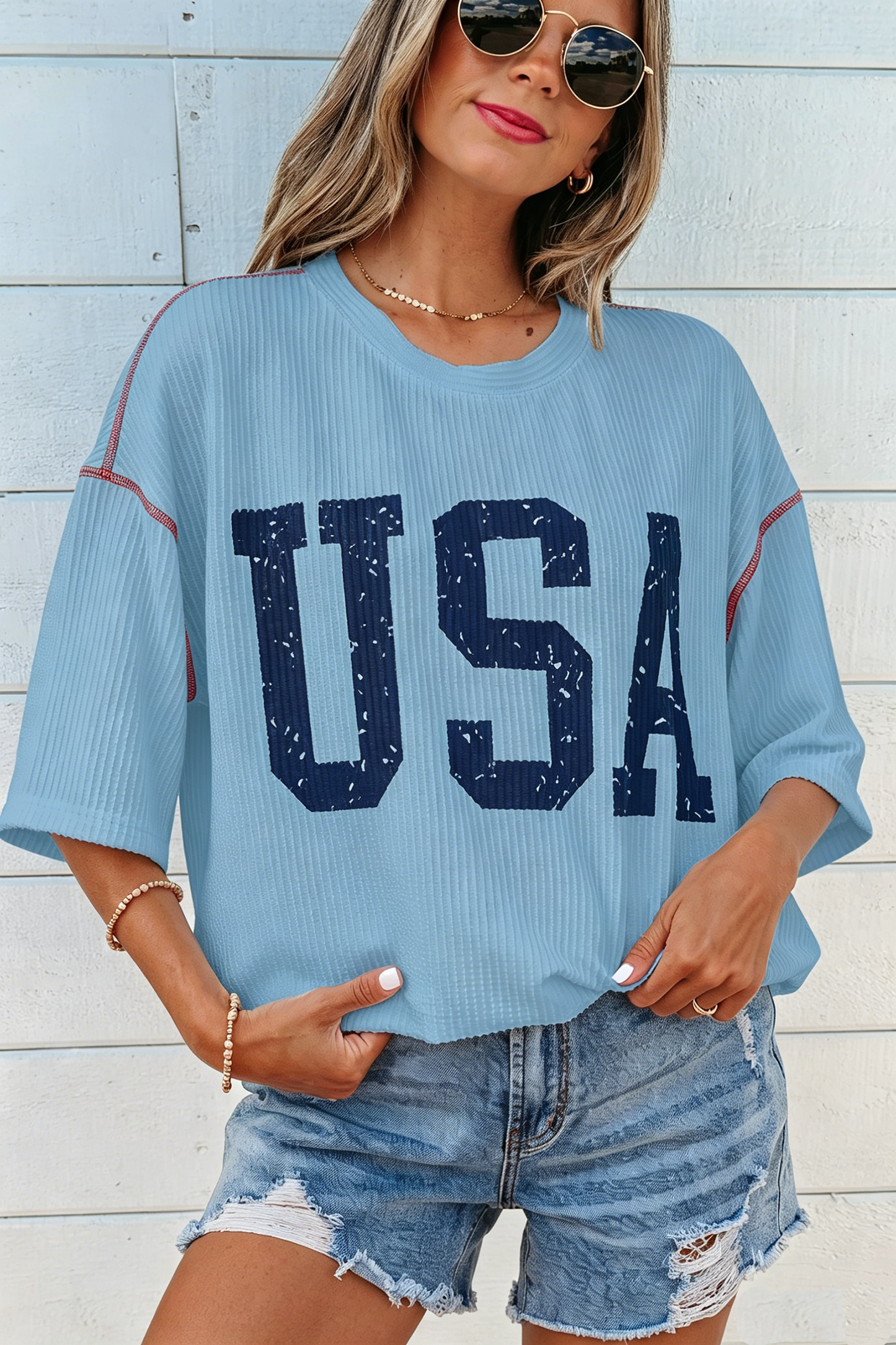 USA Graphic Half Sleeve Loose Ribbed Top