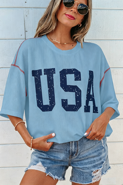 USA Graphic Half Sleeve Loose Ribbed Top