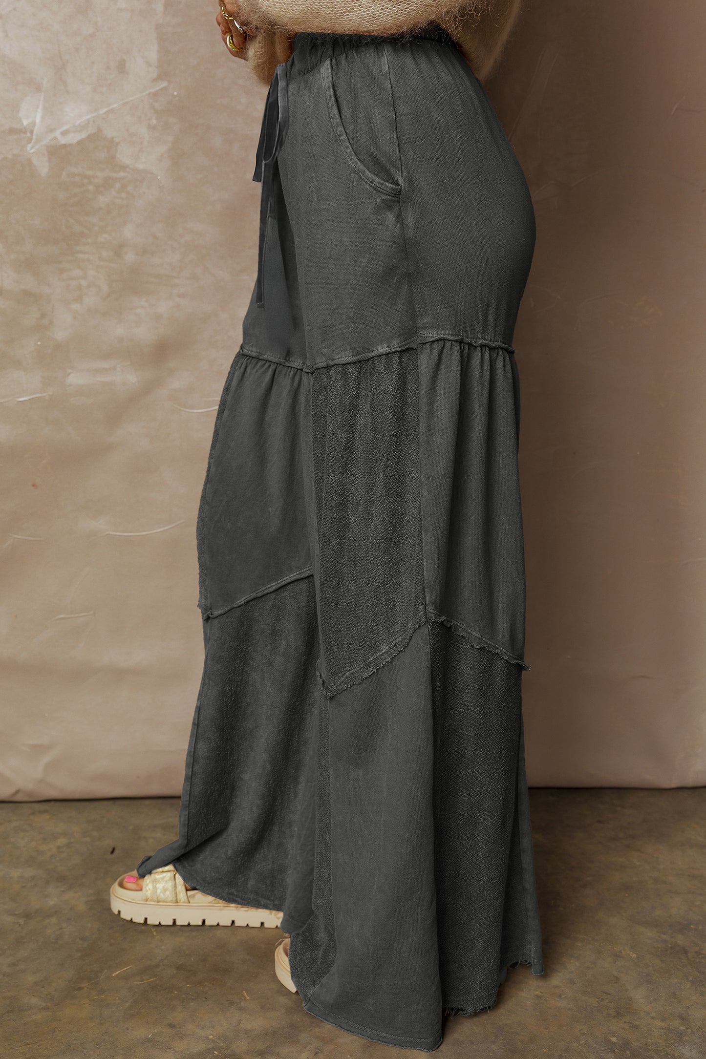 Wild Ginger Careys Mineral Wash Tiered Wide Leg Patchwork Drawstring Pants