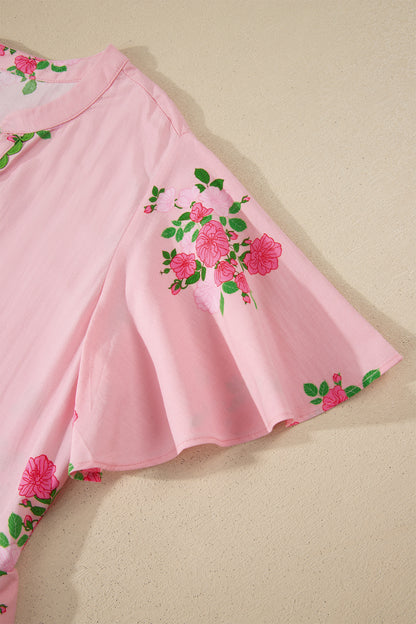 Notched Neck Flutter Short Sleeve Floral Print Maxi Dress